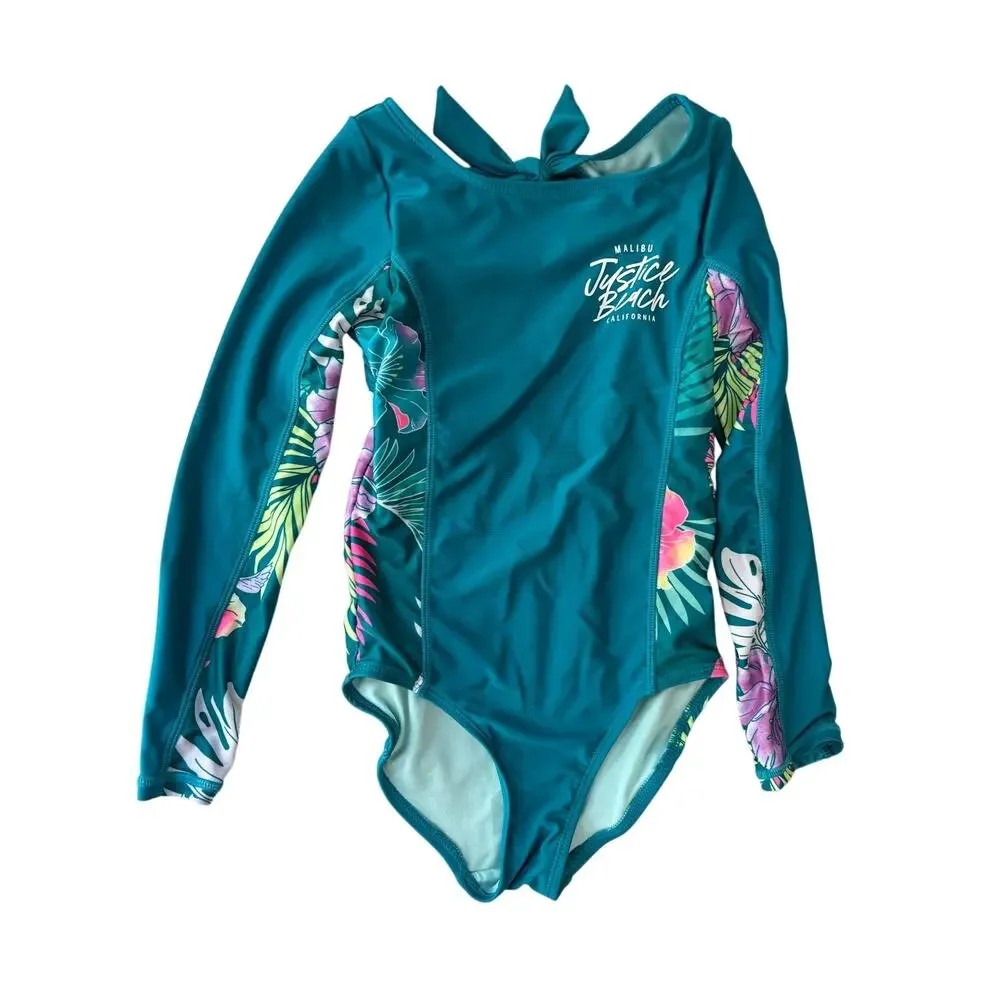 Justice Girls 7/8 Tropical Floral One Piece Swimsuit Rash Guard Long Sleeve